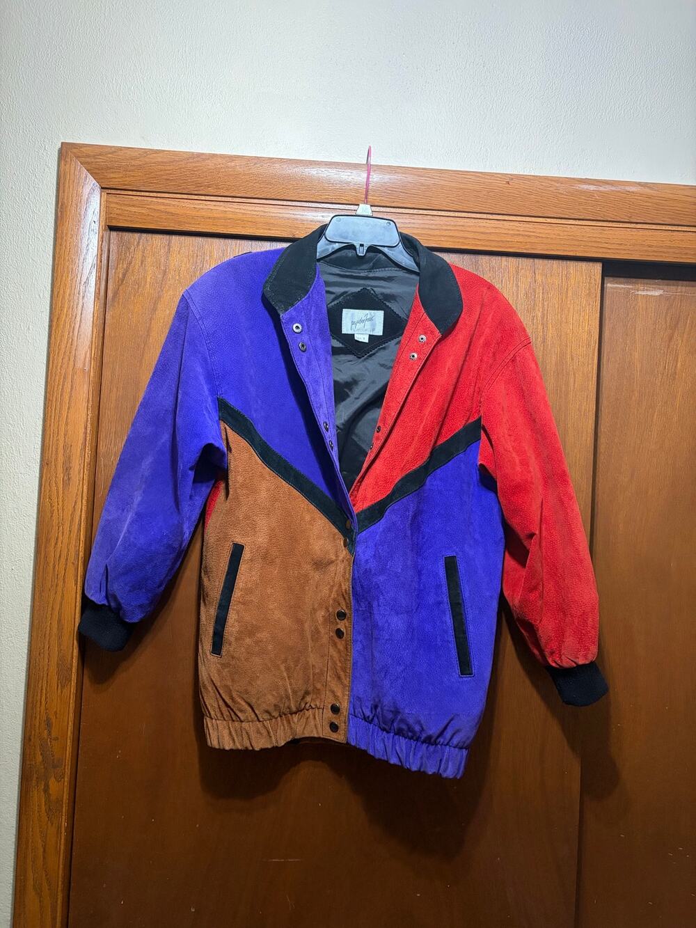 Vintage Jacqueline Ferrar Genuine Leather Colorblock Jacket Red Purple Brown S